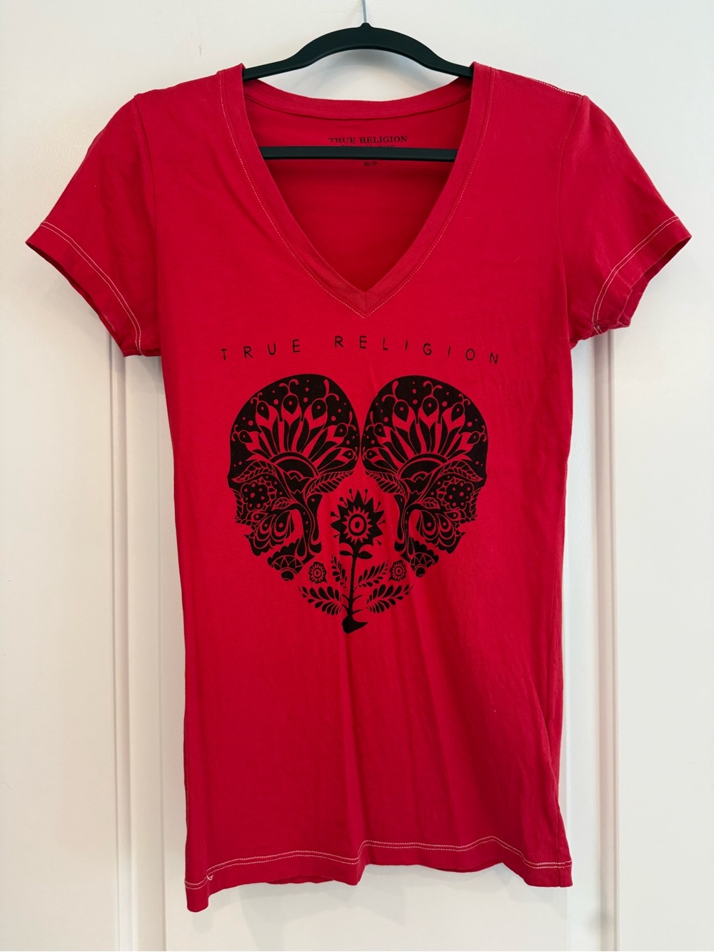 True Religion Red V-Neck Tee with Black Heart Skull Graphic